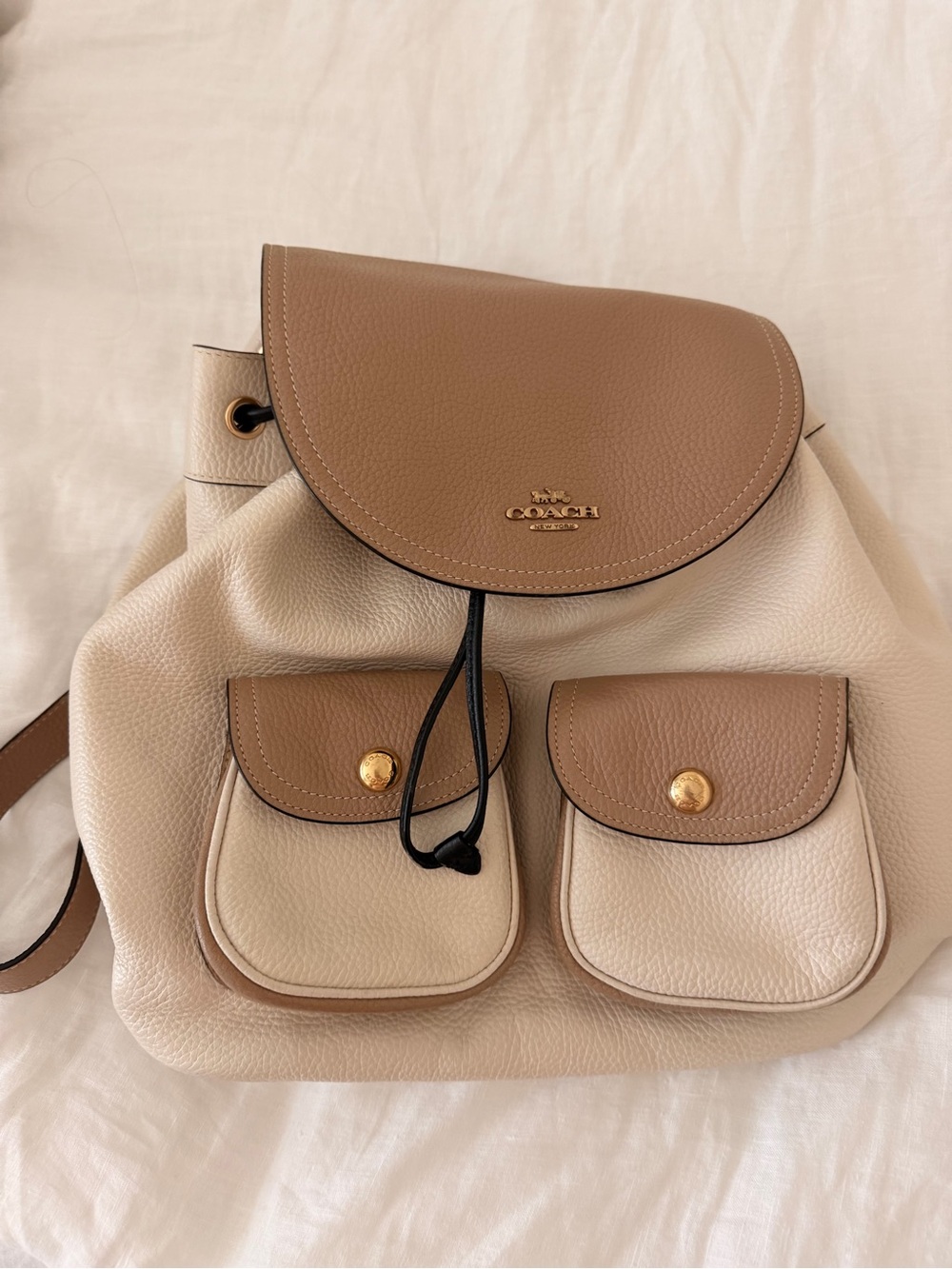 Coach Beige & Tan Leather Drawstring Backpack with Front Pockets